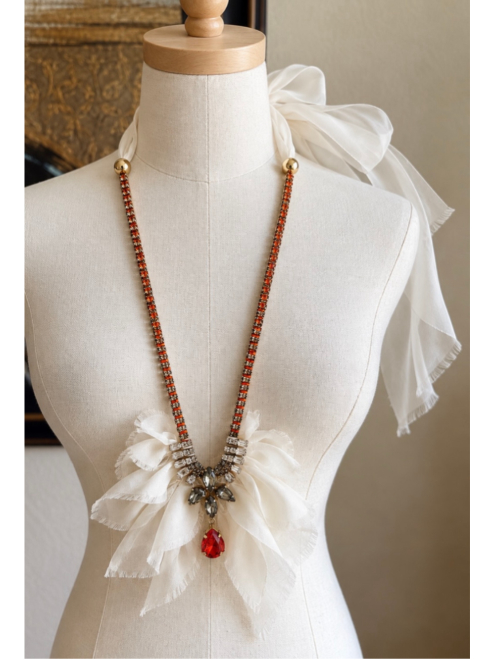 Paula Bianco Statement Necklace Teardrop Crystal Silk Long New Red Orange